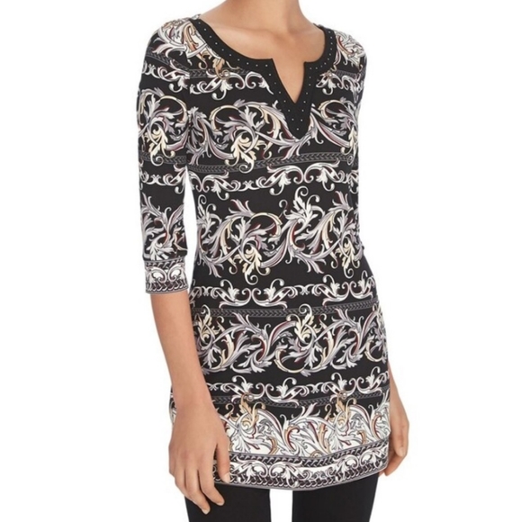 WHBM 3/4 Sleeve Notch Neck Printed Tunic Sz. M Medium - Picture 1 of 5